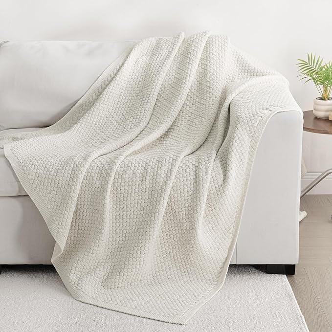 Whale Flotilla Chunky Knit Throw Blanket for Couch and Bed, Ivory Decorative Cozy Fleece Blanket, Reversible Soft Fuzzy Woven Throws, 50x60 Inch