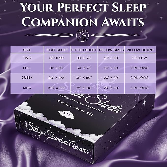 SLEEP SANCTUARY Satin Sheets King Size – 4 Piece Luxury Silky Bed Set, Softer Than Silk, 15" Deep Pocket, Cooling & Wrinkle-Free, Moisture-Wicking & Breathable for Hair & Skin (Purple)