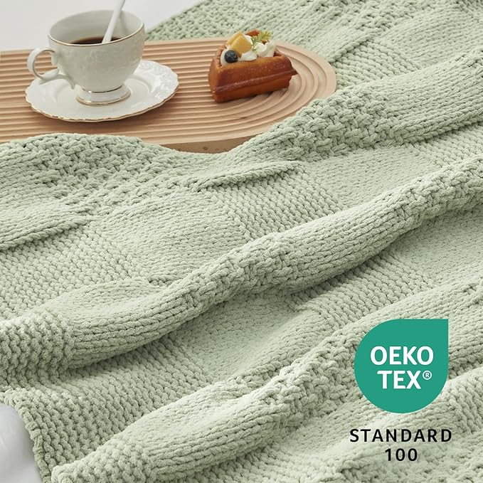 Amélie Home Knit Throw Blanket, Soft Chenille Cozy Breathable Checkered Chunky Decorative Blanket for Couch, Bed & Sofa, French-Inspired Lightweight Warm Gift for Women, Sage Green, 50"x60"