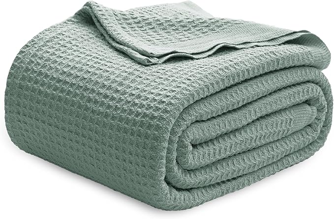 Bedsure Gentlesoft 100% Cotton Blanket Queen Size for Bed - Cooling Breathable and Soft for Spring Summer, Thick Cozy Waffle Weave Blanket Gifts for Women, Sage Green, 90x90 Inches