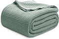Bedsure Gentlesoft 100% Cotton Blanket Queen Size for Bed - Cooling Breathable and Soft for Spring Summer, Thick Cozy Waffle Weave Blanket Gifts for Women, Sage Green, 90x90 Inches
