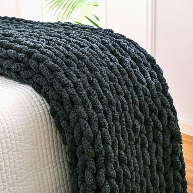 YAAPSU Chunky Knit Throw Blanket for Couch, 51"x63", 100% Hand Knitted Thick Cable Knit with Cozy Jumbo Chenille Yarn, Soft Large Rope Knot Crochet Blankets for Sofa Bed Living Room Décor, Black Grey