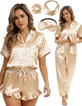 Silk Satin Pajama Set for Women 3-piece Short Sleeve Pajama with Pants Ruffle Shorts Cute Pj Set Button Down Sleepwear