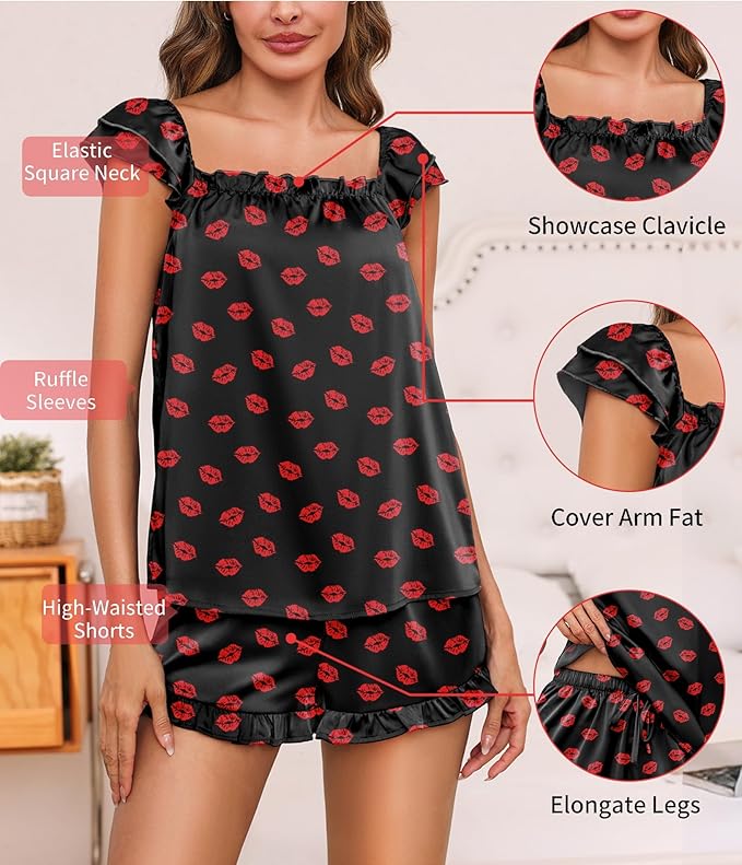 Satin Pajama Set for Women 2 Piece Silk Pjs Ruffle Sleeve Top and Shorts Cute Bridal Sleepwear Set S-XXL