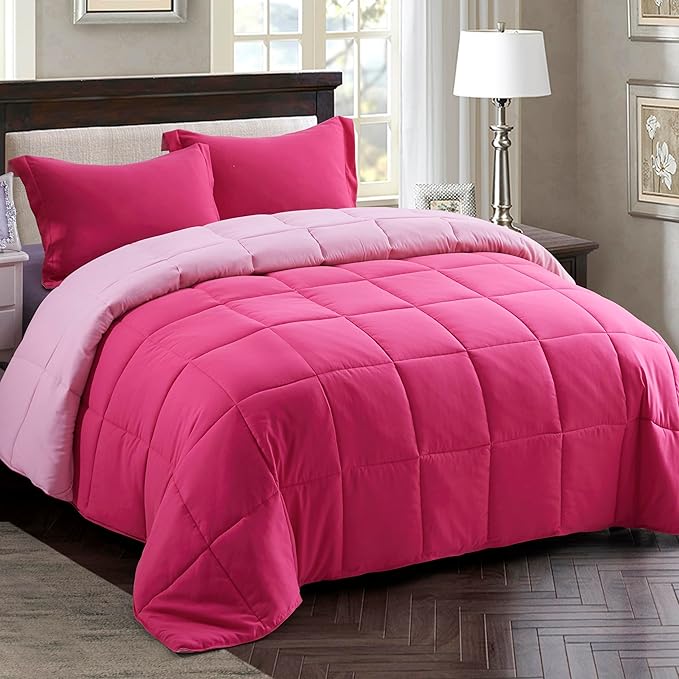 HIG 3pc Pink Twin/Twin XL Comforter Set - All Season Reversible Down Alternative Bedding Comforter - Quilted Duvet Insert with Corner Tabs - Box Stitched Blanket - Breathable, Soft, Fluffy
