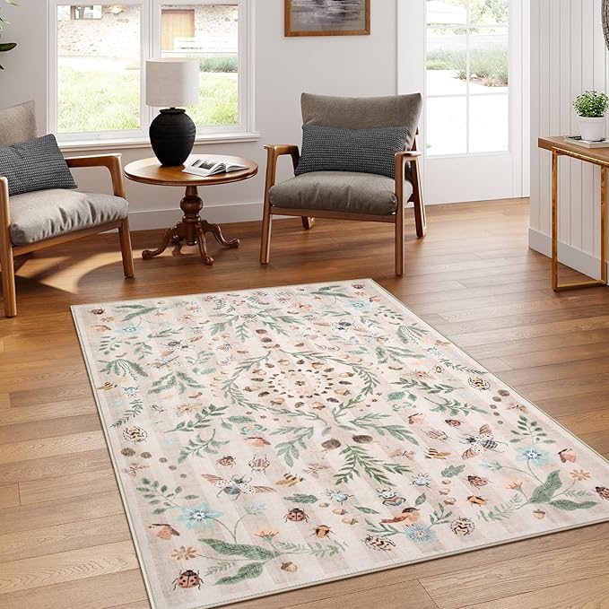 Lahome Chloe Insect Botanical Washable Beige 5x7 Area Rugs for Living Room, Non Slip Rugs for Bedroom, Boho Indoor Throw Dining Room Rugs for Under Table Carpet for Entryway Kitchen Office(Beige,5x7)
