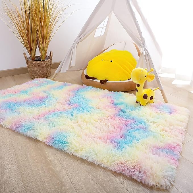 Noahas Fluffy Pink Rainbow Rugs for Bedroom Girls,Kids Rug for Room,Soft Small Carpet,Playroom Shag Nursery Dorm Rugs Living Room Decor, 2 x 3 Feet
