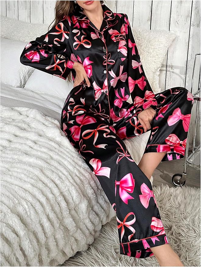 WDIRARA Women's 2 Piece Bowknot Print Satin Pajama Set Long Sleeve Button Down Lounge Pants Sleepwear Sets