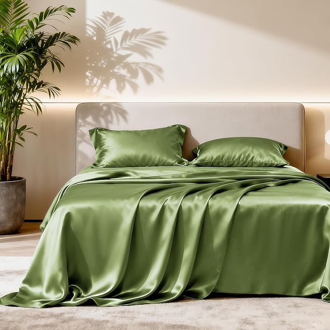 Love's cabin Satin King Sheet Sets - 4 Piece Sage Silky Sheets King Size Bed Set with Deep Pocket, Luxury Silk Feel King Size Satin Sheet Set (1 Flat Sheet,1 Fitted Sheet,2 Pillow Cases)