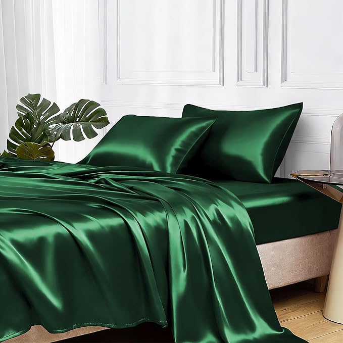 MR&HM Satin Bed Sheets, Queen Size Sheets Set, 4 Pcs Silky Bedding Set with 15 Inches Deep Pocket for Mattress (Queen, Dark Green)