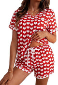 ASTANFY Valentines Day Pajamas Women 2 Piece Silk Valentine Pjs Cute Heart Pajamas V Neck Satin Sleepwear Loungewear Set