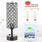 Hong-in Crystal Table Lamp Touch Control Set of 2, 3-Way Black Crystal Lamps with USB C+A Ports & AC Outlet, Dimmable Nightstand Desk Lamps,Modern Bedside Table Lamp for Bedroom(Bulbs Included)