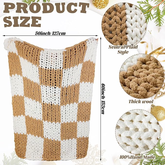 Tudomro Checkered Chunky Knit Throw Blanket for Couch 50 x 60 Inches Neutral Decor 100% Hand Knitted Cozy Soft Large Rope Knot Crochet Blankets for Sofa Living Room(Ivory and Brown)