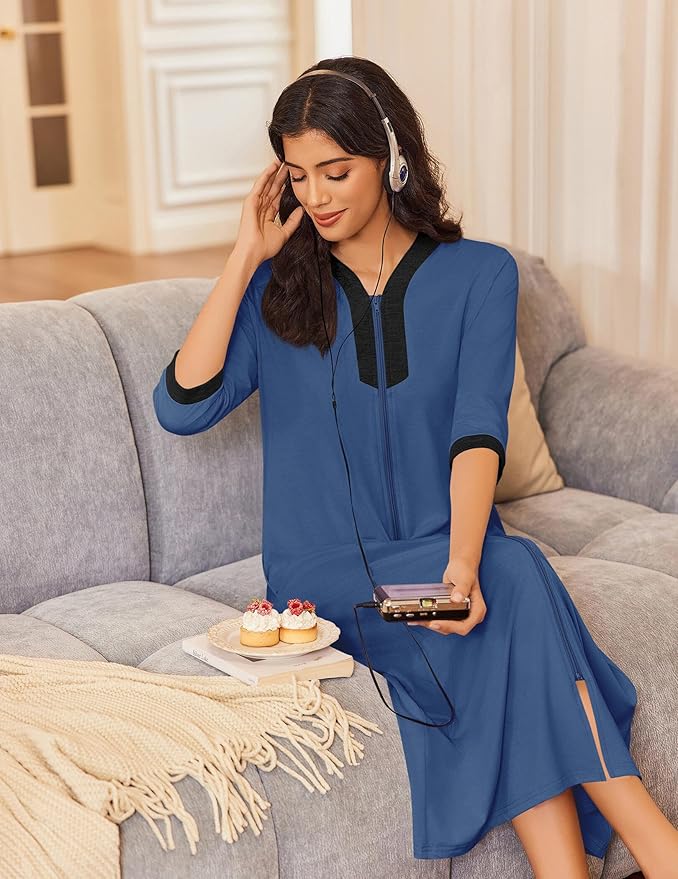 Ekouaer Women's Zipper Robe 3/4 Sleeves Housecoat Full Length Nightgown Soft Loungewear Robe with Pockets S-3XL