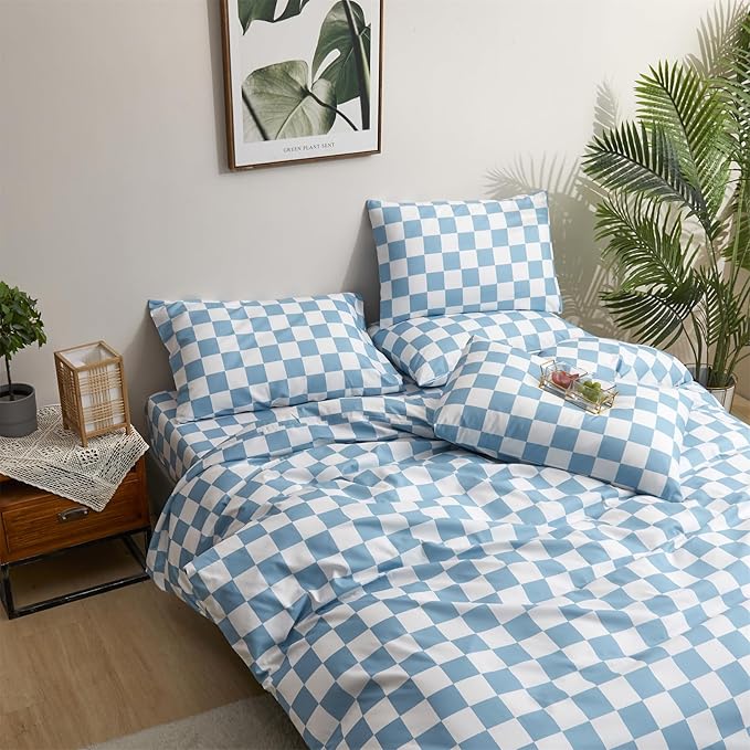 CLOTHKNOW Blue White Plaid Queen Comforter Set Grid Bedding Comforter Sets Soft Light Blue Comforter Checker Queen Size Comforter Sets