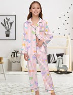 EPLAZA Kids Satin Pajamas Sets Girls Boys Button-Down Silky Pajamas Sleepwear with Hairband Eye Mask Hair Tie