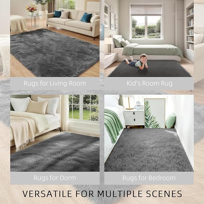 Shag Grey Rug 4x6 Area Rugs for Bedroom Dorm Living Room, Non-Slip Ultra Soft Fluffy Area Rugs for Kids Room, Girls Room, Study, Office, Playroom, Easy to Clean, Modern Carpet Décor