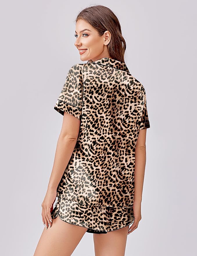 Ekouaer Womens Silk Satin Pajama Set Print Short Sleeve Sleepwear Button Down Pjs Shorts Set Loungewear