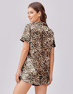 Ekouaer Womens Silk Satin Pajama Set Print Short Sleeve Sleepwear Button Down Pjs Shorts Set Loungewear
