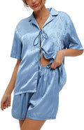 CHYRII Women's Silk Satin Pajamas Sets Tie Front Short Sleeve Tops and Shorts Two Piece Pj Sets Sleepwear