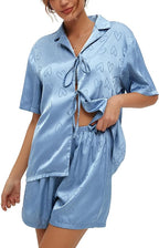 CHYRII Women's Silk Satin Pajamas Sets Tie Front Short Sleeve Tops and Shorts Two Piece Pj Sets Sleepwear