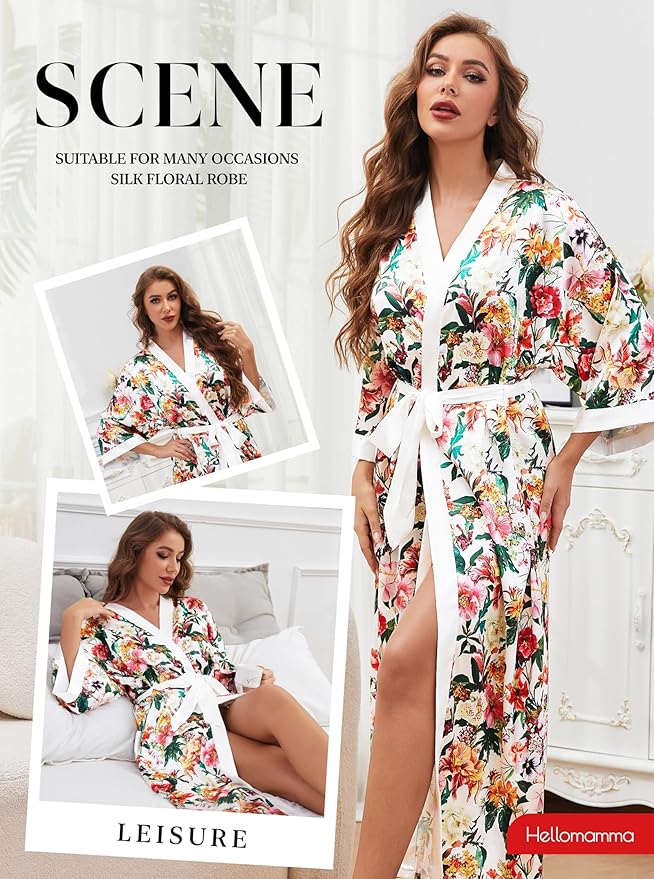 Hellomamma Womens Satin Silk Robe: Lightweight 3/4 Sleeve Comfy Floral Print Kimono Sleepwear for Bride Wedding Party Gift