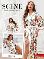 Hellomamma Womens Satin Silk Robe: Lightweight 3/4 Sleeve Comfy Floral Print Kimono Sleepwear for Bride Wedding Party Gift