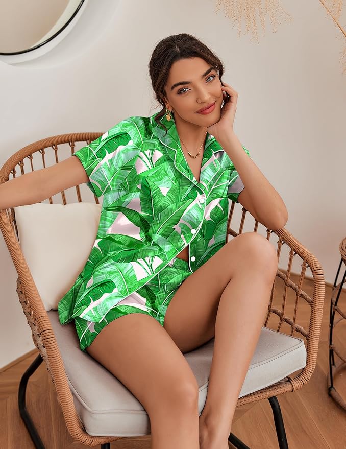 Ekouaer Silk Pajamas for Women Short Sleeve Sleepwear Soft Button Down Loungewear 2 Piece Satin Pjs Shorts Set