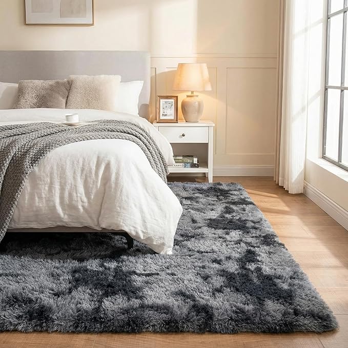 duduta Grey Plush Area Rugs for Bedroom 5x8 ft, Fluffy Carpet for Living Room Kids Room, Large Shag Dorm Rug, Washable Non Slip