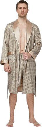 Tony & Candice Men's Satin Robe Lightweight Long Sleeve Silk Kimono Bathrobe with Shorts Set Sleepwear