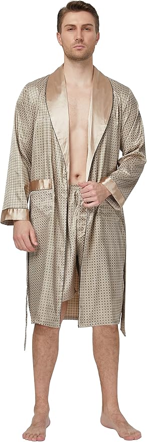Tony & Candice Men's Satin Robe Lightweight Long Sleeve Silk Kimono Bathrobe with Shorts Set Sleepwear