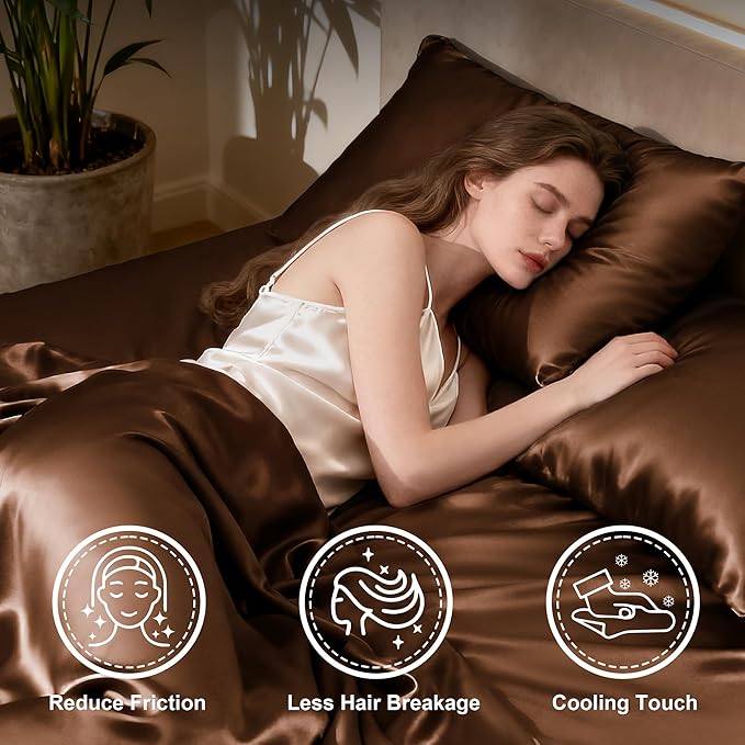 Love's cabin Full Size Satin Sheet Sets - 4 Piece Brown Silky Satin Sheet Set Full with Deep Pocket, Luxury Silk Feel Satin Bed Sheets Full Bedding Set (1 Flat Sheet,1 Fitted Sheet,2 Pillow Cases)