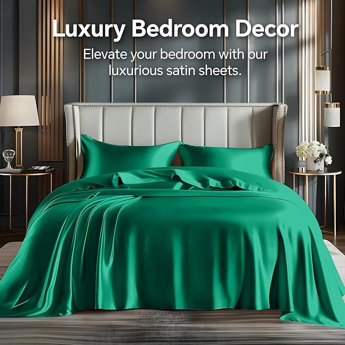 BEDELITE Satin Sheets Twin XL Size Bed Set, Luxury Soft Dark Green Sheets for Hair and Skin, Similar to Silk Bed Sheets Set 3 Pieces with 1 Deep Pocket Fitted Sheet, 1 Flat Sheet, and 1 Pillowcase