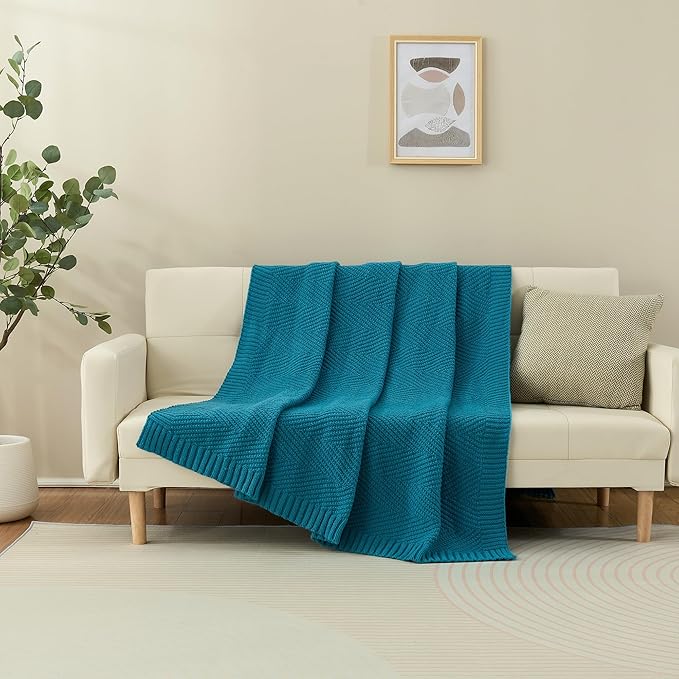 Knitted Throw Blanket 60"X80", Teal Knit Throws for Bed, Super Soft Boho Chevron Blankets for Couch Sofa Chair Room Decor, Textured Decorative Farmhouse Cozy Lightweight
