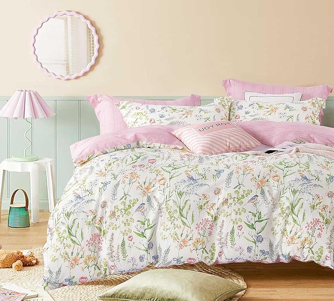 ALEISSEL White Floral Cotton Comforter King Size - 3PC Lightweight Bedding Sets with Soft Fill, Vibrant Garden Botanical Patterns, Petal Pink Reversible Design with Feminine Elegance