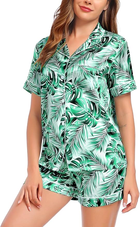 SWOMOG Satin Matching Pajamas Sets Couple Silk Button Down Nightwear Women & Men Short Sleeve Sleepwear 2 Pieces Loungewear