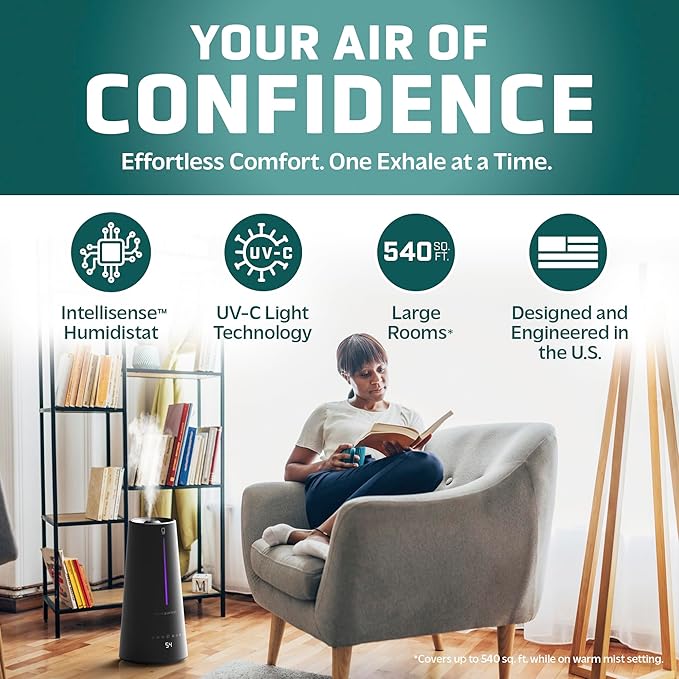 PureGuardian 1.5 Gal Ultrasonic Warm & Cool Mist Humidifier with UV-C Light, IntelliSense Humidistat, 90-Hr Runtime, for Large Rooms up to 540 Sq. Ft., Black, H5665B