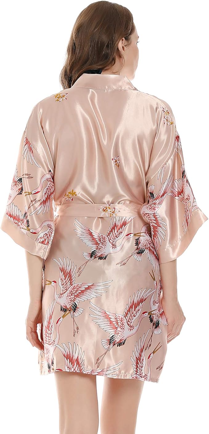 Women Kimono Robes Satin Dressing Gown Crane and Blossoms Sleep Lounge Nightwear Short Silk Bride Bridesmaid Robe