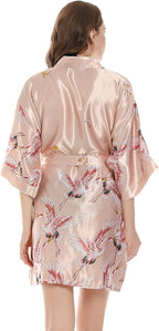 Women Kimono Robes Satin Dressing Gown Crane and Blossoms Sleep Lounge Nightwear Short Silk Bride Bridesmaid Robe
