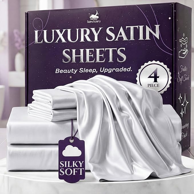 SLEEP SANCTUARY Satin Sheets Queen Size – 4 Piece Luxury Silky Bed Set, Softer Than Silk, 15" Deep Pocket, Cooling & Wrinkle-Free, Moisture-Wicking & Breathable for Hair & Skin (White)