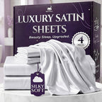 SLEEP SANCTUARY Satin Sheets Full Size – 4 Piece Luxury Silky Bed Set, Softer Than Silk, 15" Deep Pocket, Cooling & Wrinkle-Free, Moisture-Wicking & Breathable for Hair & Skin (White)