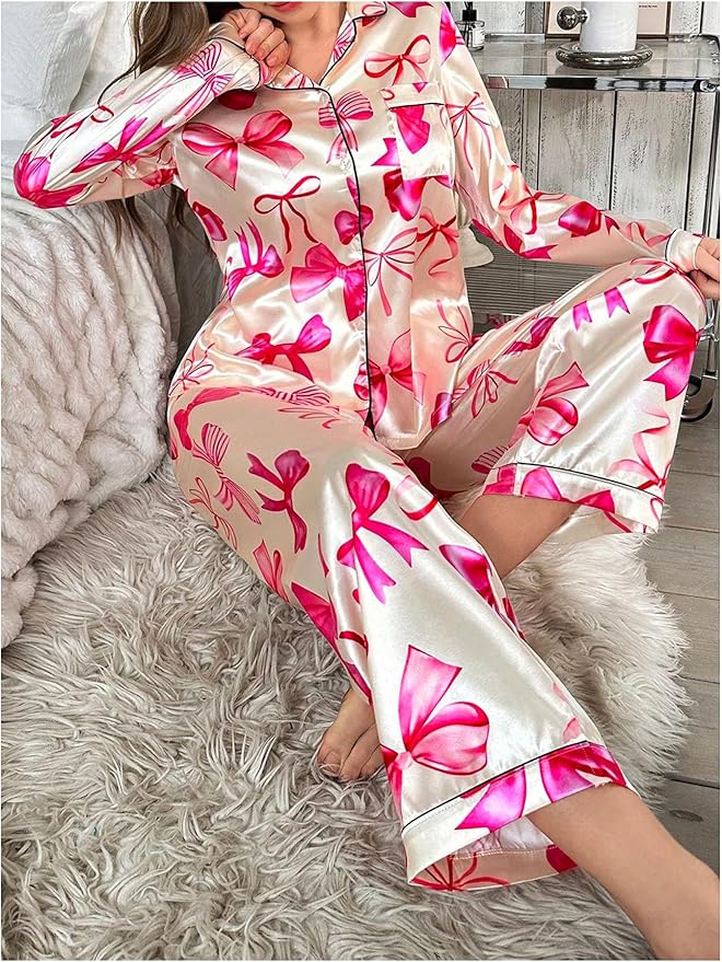 WDIRARA Women's 2 Piece Bowknot Print Satin Pajama Set Long Sleeve Button Down Lounge Pants Sleepwear Sets