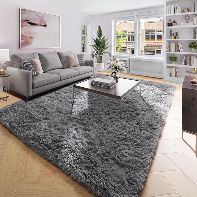 Amdrebio Grey Modern Large Living Room Rugs 6x9, Fluffy Area Rug for Bedroom, Shaggy Indoor Carpet for Kids Room Decor, Fuzzy Big Carpets for Playroom, Plush Thick Farmhouse Rugs, Soft Shag Fur Rug