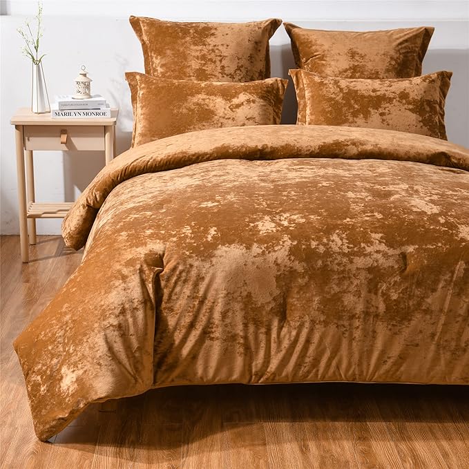 Fredsure Distressed Velvet Comforter Set, 5 Pieces Gold Caramel Queen, Distressed Velvet Face and Brushed Microfiber Reverse