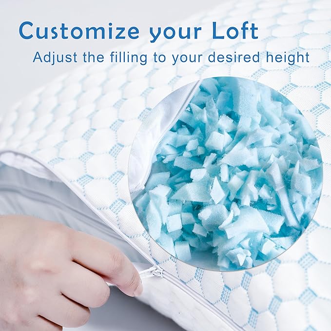 Premium Adjustable Shredded Memory Foam Pillow - Suitable for Side, Back, and Stomach Sleepers, with Cooling Fiber Machine Washable Cover (Standard-2PCS)
