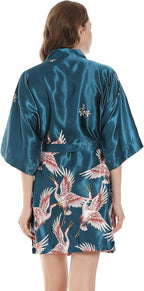 Women Kimono Robes Satin Dressing Gown Crane and Blossoms Sleep Lounge Nightwear Short Silk Bride Bridesmaid Robe