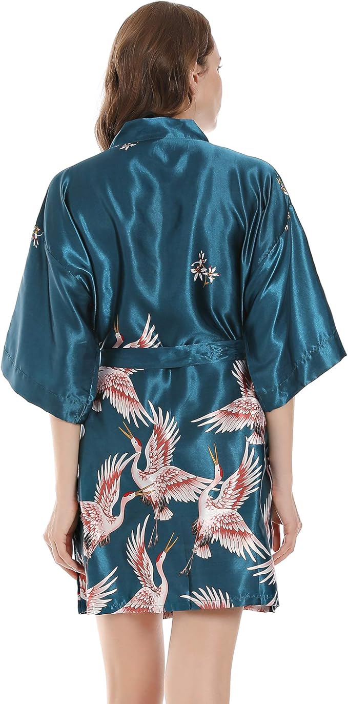 Women Kimono Robes Satin Dressing Gown Crane and Blossoms Sleep Lounge Nightwear Short Silk Bride Bridesmaid Robe