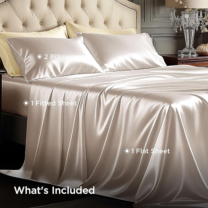 Bedsure Satin Sheets King Size - 4 Piece Silky Bedsheets with Elastic Corner Straps and 15 Inches Deep Pocket Fitted Bedsheet,1 Flat Sheet, 2 Satin Pillowcases, Good for Hair & Skin (King, Beige)