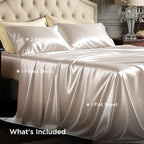 Bedsure Satin Sheets Queen Size - 4 Piece Silky Bedsheets with Elastic Corner Straps and 15 Inches Deep Pocket Fitted Bedsheet,1 Flat Sheet, 2 Satin Pillowcases, Good for Hair & Skin (Queen, Beige)