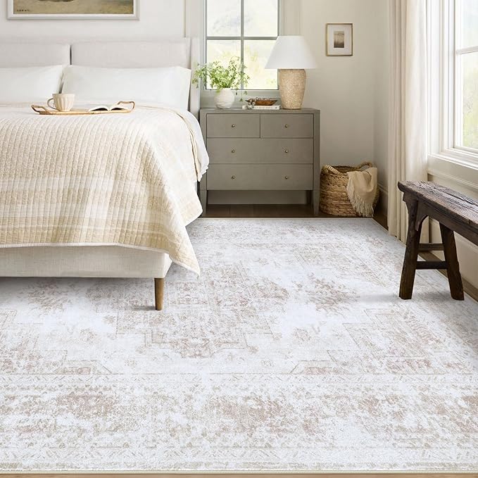 XLUEZ Area Rug 6x9 Living Room Rug, Machine Washable Vintage Distressed Medallion Rug Non-Slip Soft Low Pile Large Indoor Rugs for Bedroom Kitchen Dining Room Office(Beige,6'x9')